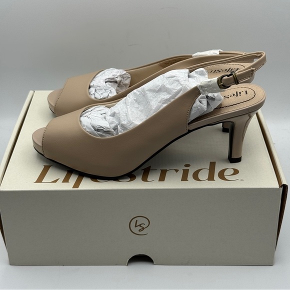 LifeStride Teller Taupe Peep Toe Heels Sz 10W - Picture 3 of 7